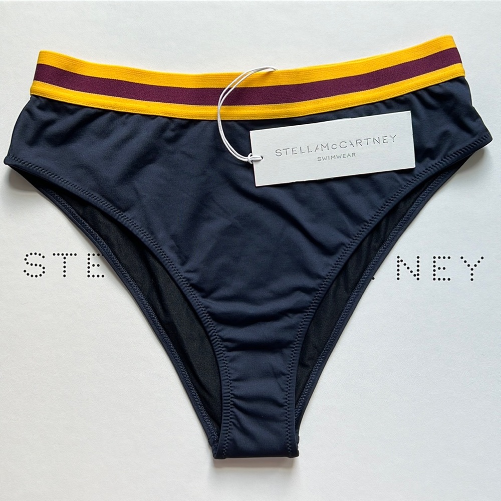 Stella McCartney High Leg Striped Band Navy Blue Bikini Bottom | NWT Size M